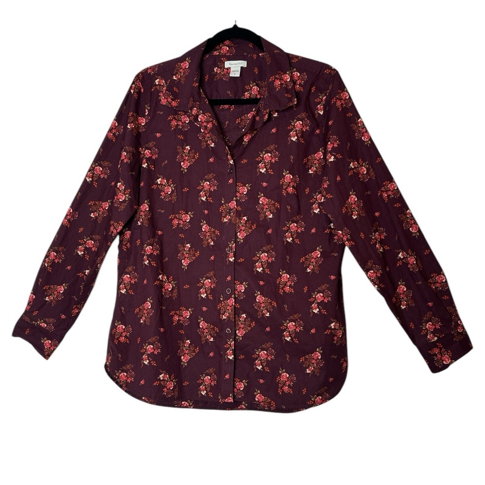 Garnet Hill Shirt Women Size 12 Pima Cotton Top Floral Long Sleeve Fall Career